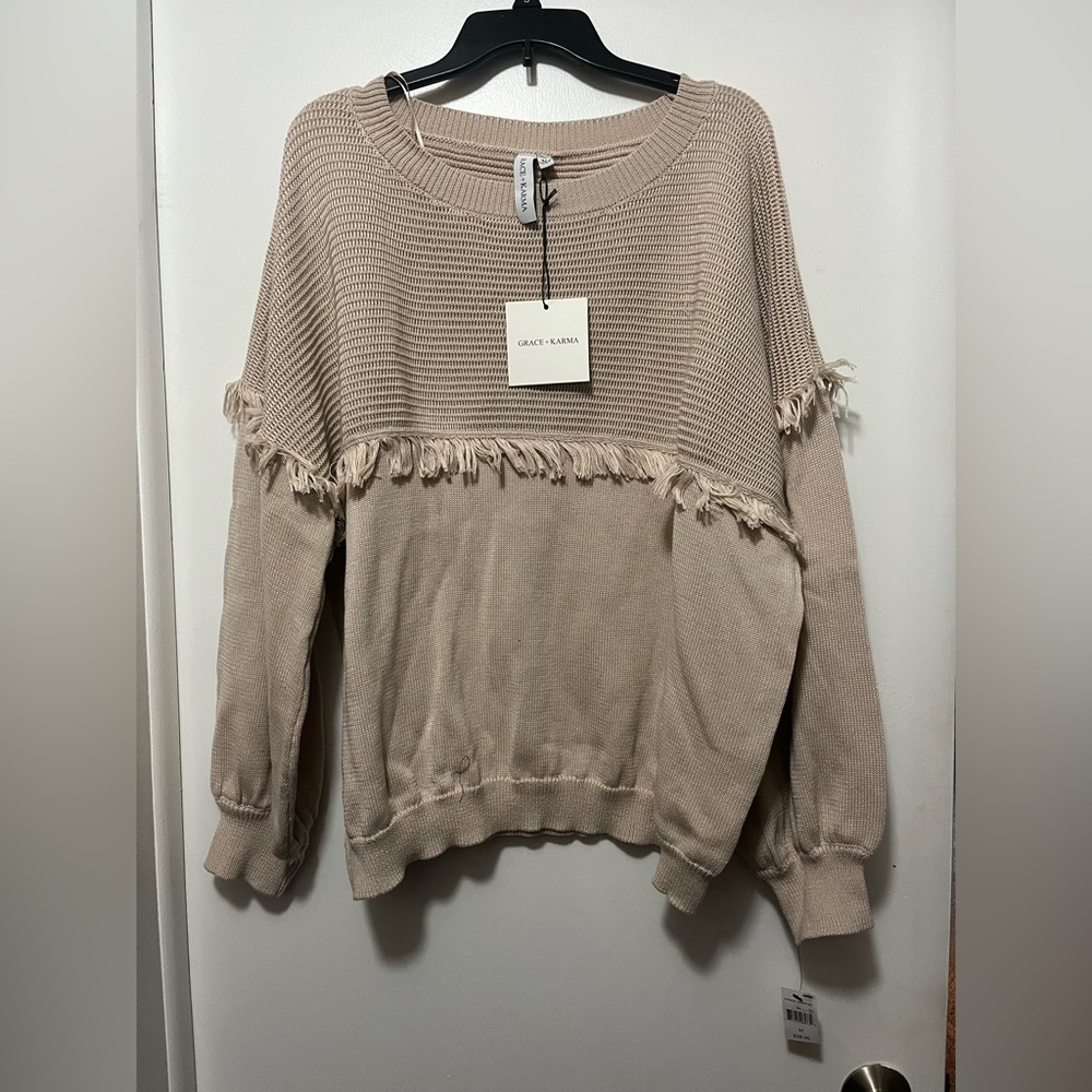 Grace+Karma Tan fringe sweater size medium NWT